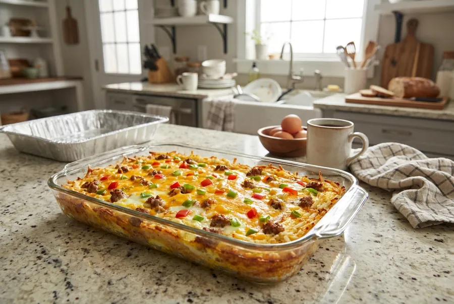 Breakfast casserole with sausage, eggs, and cheese in a baking dish, fresh from the oven